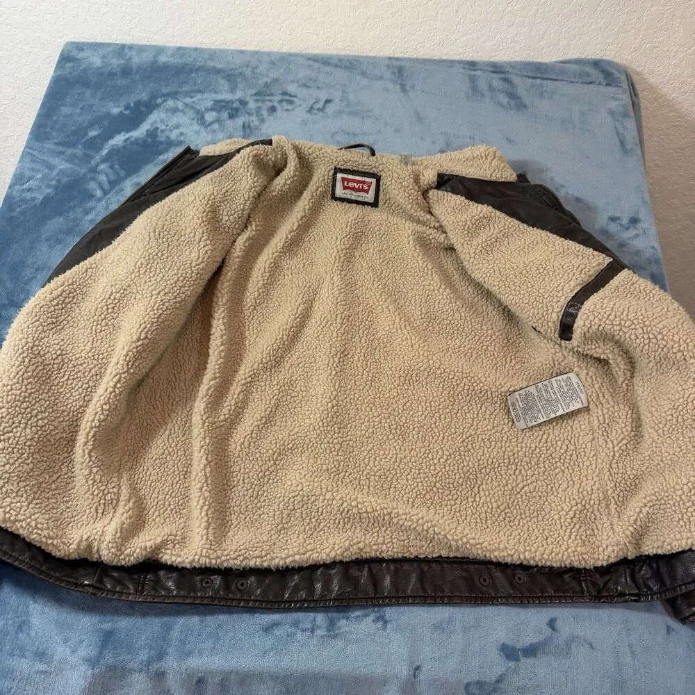 Levis Mens Faux Leather Sherpa Jacket XL Brown Aviator Bomber Utility NO PEELING